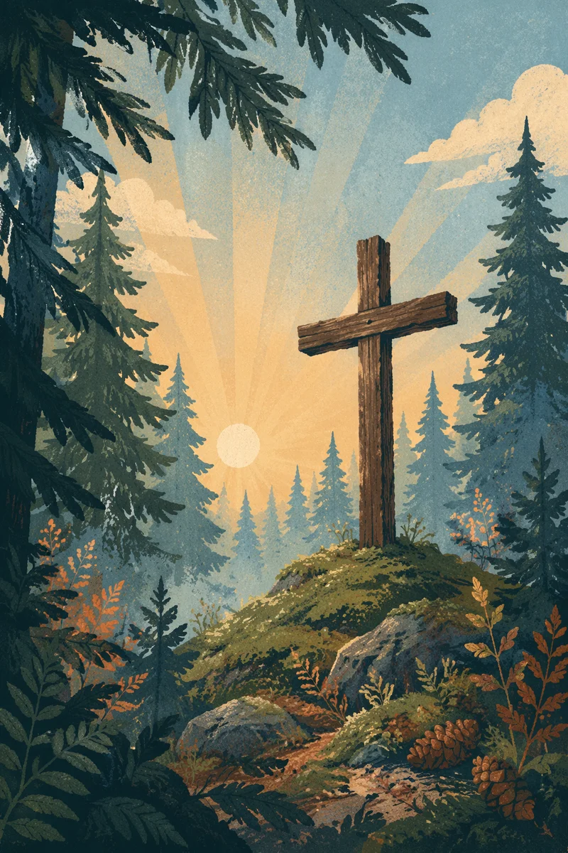 Wooden Cross in Dawn Evergreen Forest