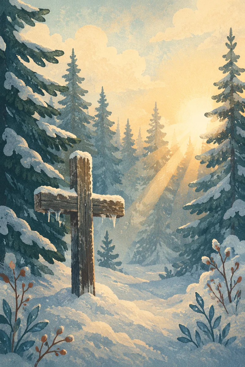Wooden Cross in Snowy Evergreen Light
