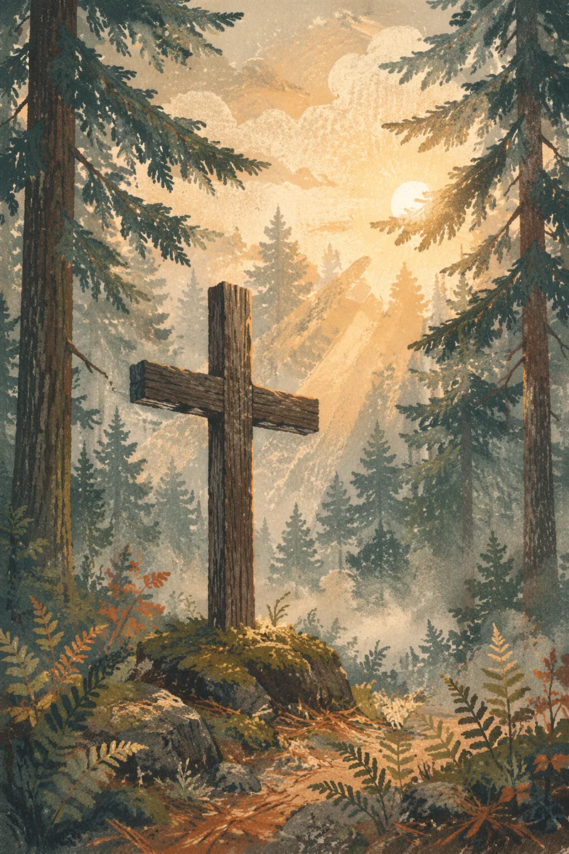 Wooden Cross in Misty Evergreen Light
