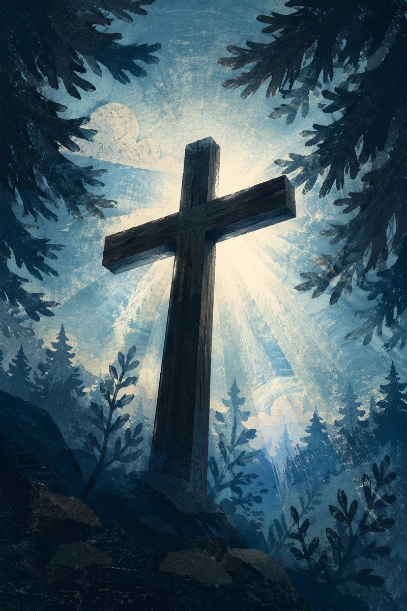 Wooden Cross in Evergreen Morning Rays