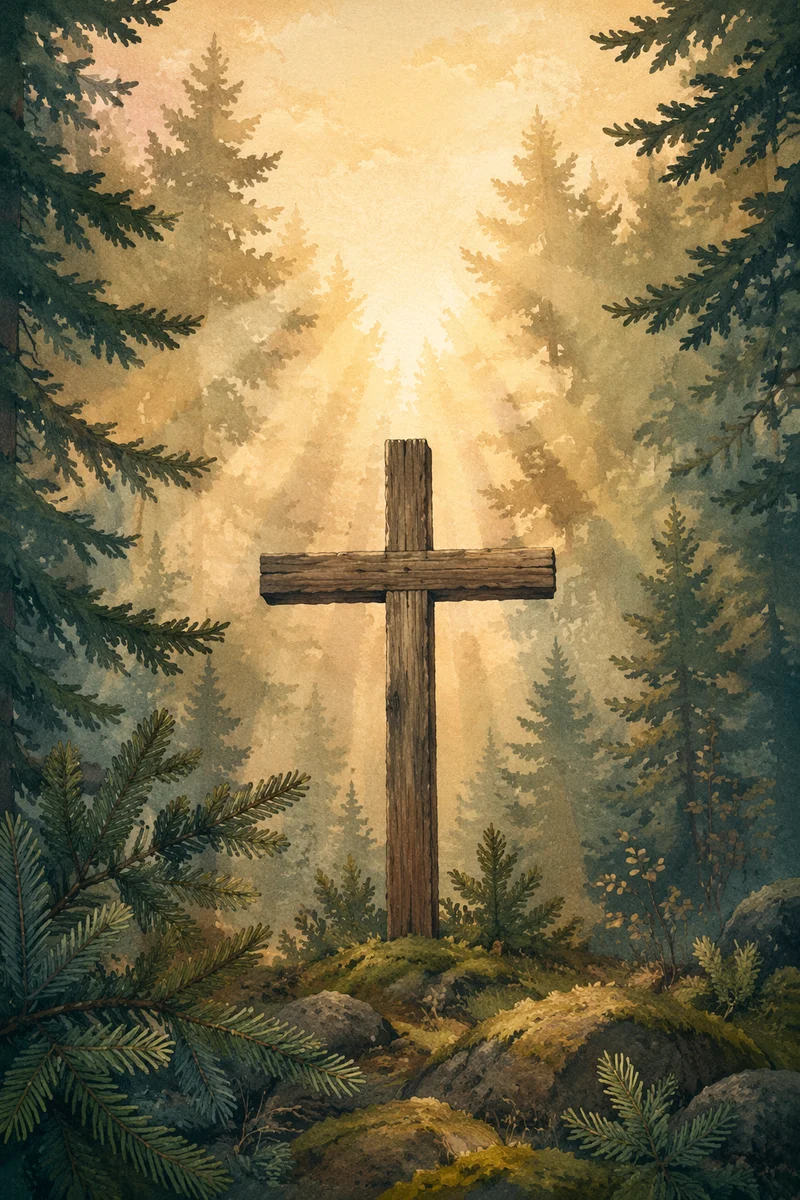Wooden Cross in Evergreen Morning Light