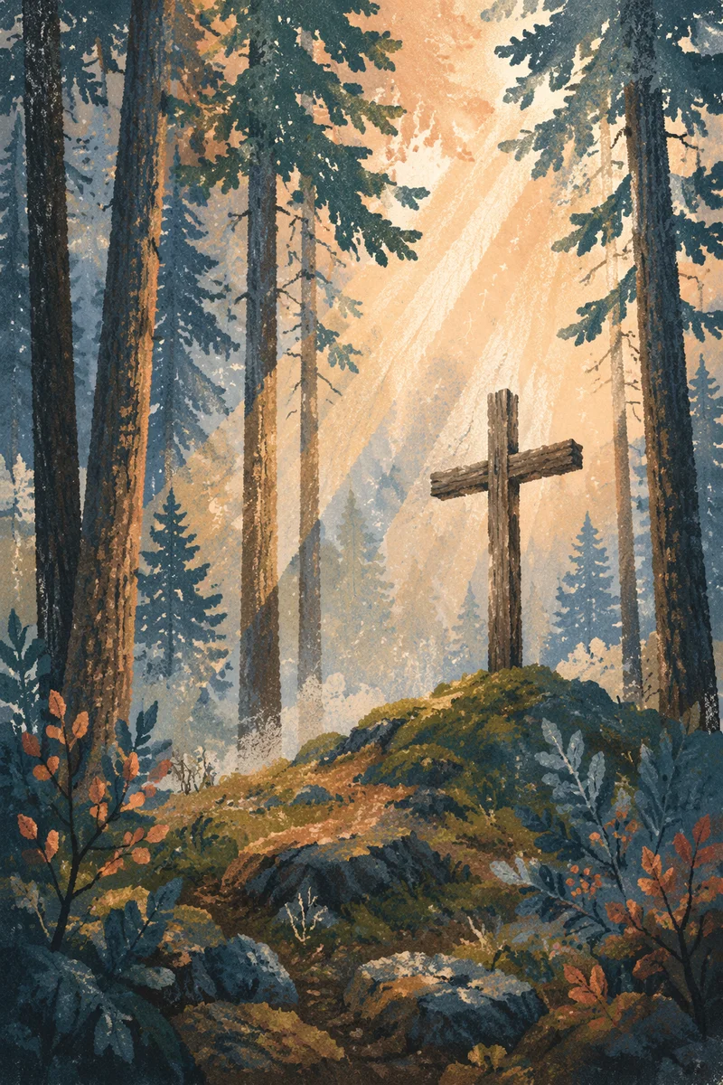 Wooden Cross in Evergreen Dawn Rays