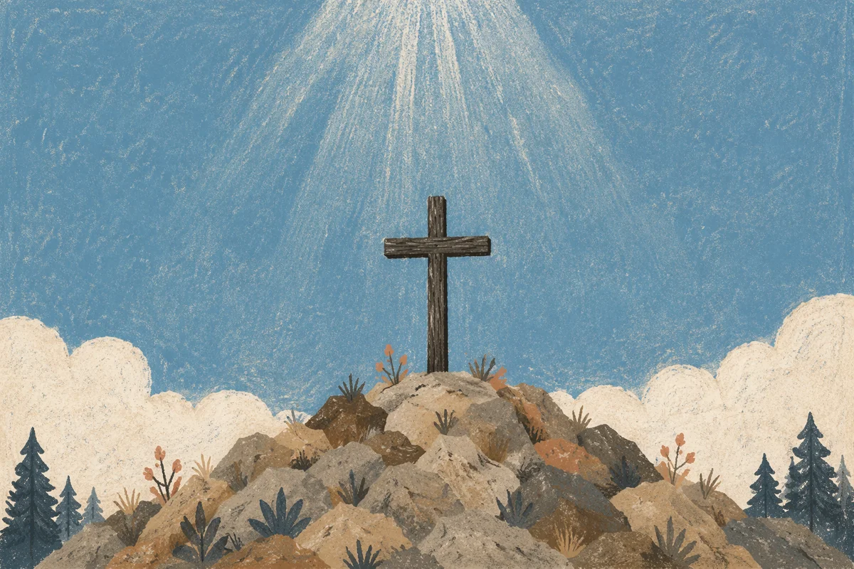Wooden Cross With Sunbeams Over Rugged Hill