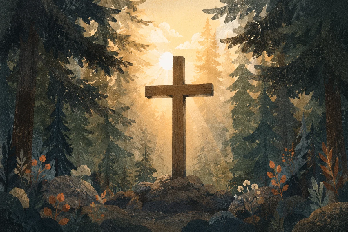 Wooden Cross in Evergreen Morning Light