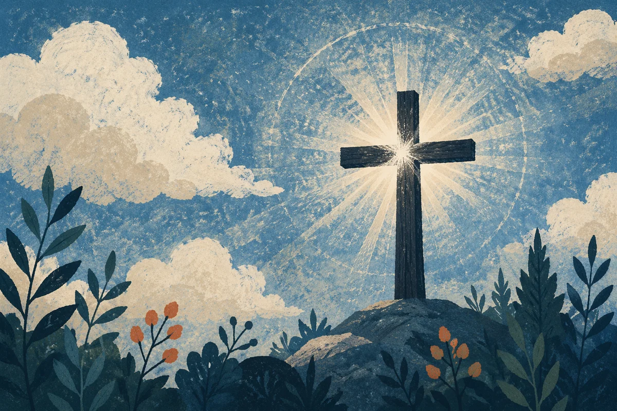 Wooden Cross with Radiant Sunburst Sky