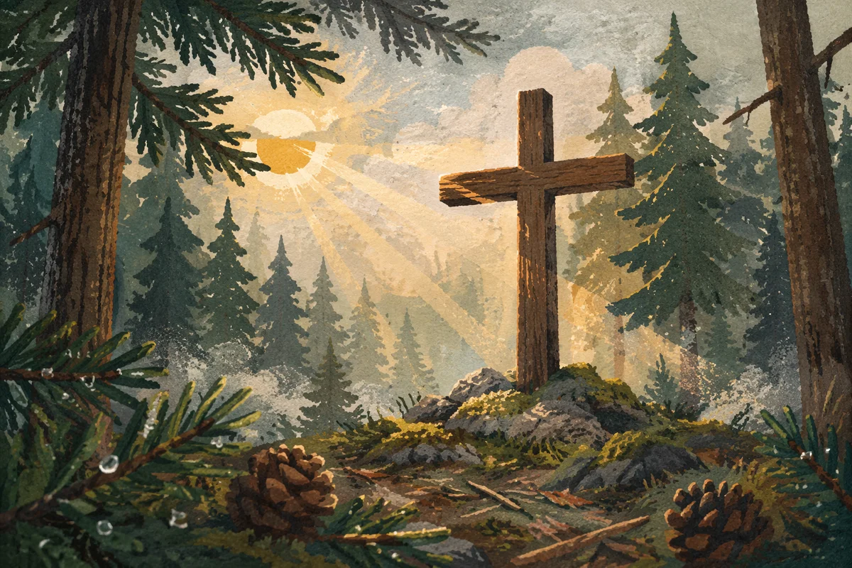 Wooden Cross in Misty Evergreen Light