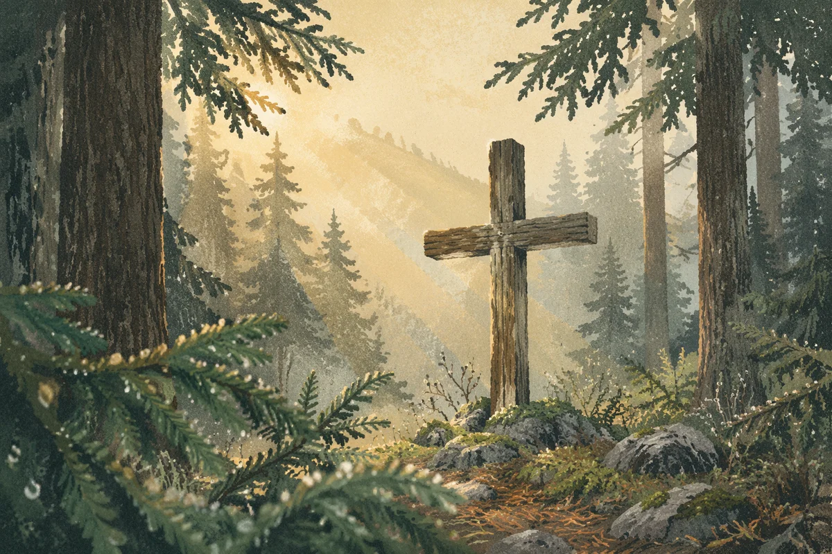 Wooden Cross in Evergreen Morning Light