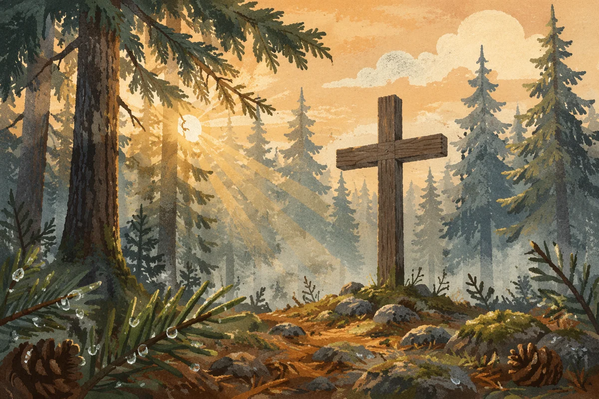 Wooden Cross in Evergreen Morning Light