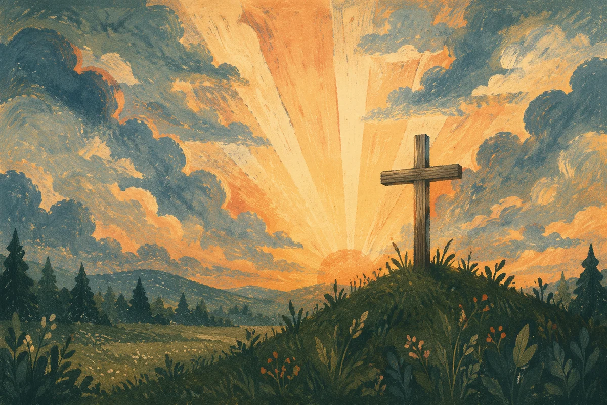 Wooden Cross Beneath Golden Light Rays