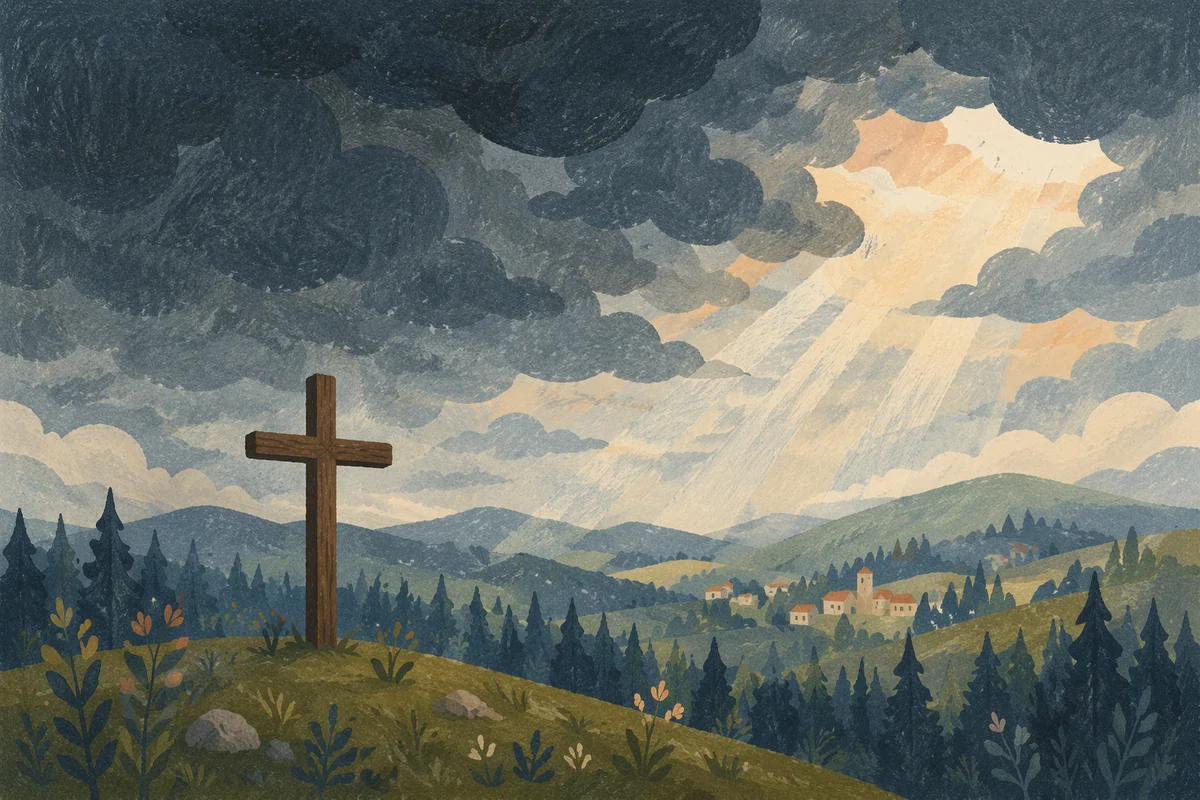 Wooden Cross Beneath Breaking Storm Light