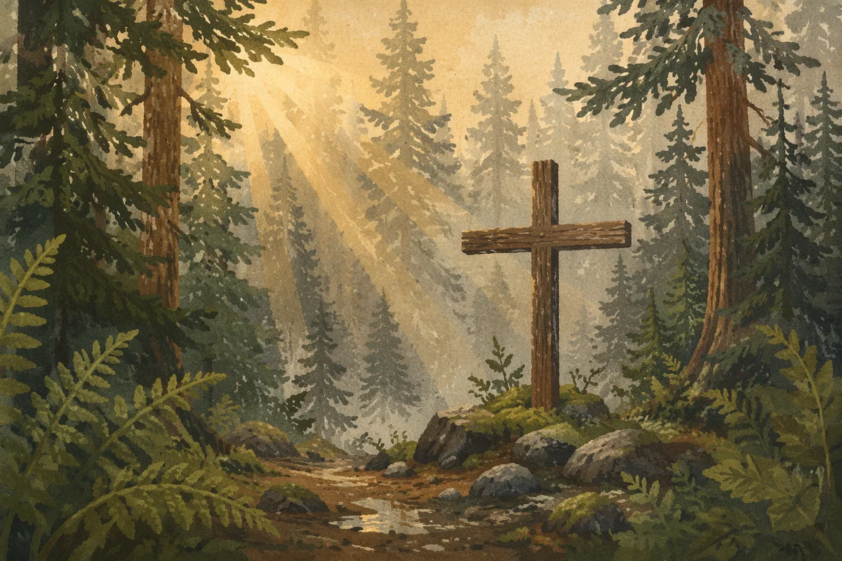 Wooden Cross in Evergreen Morning Light