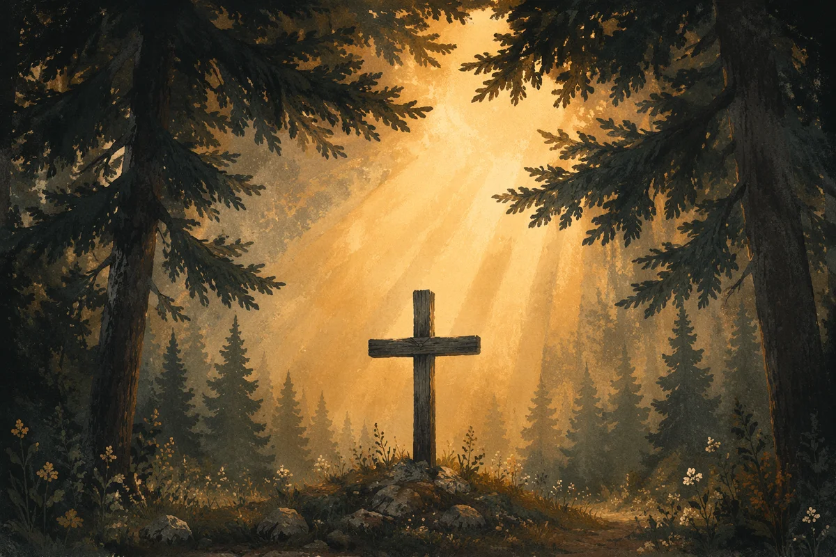Wooden Cross with Golden Forest Rays