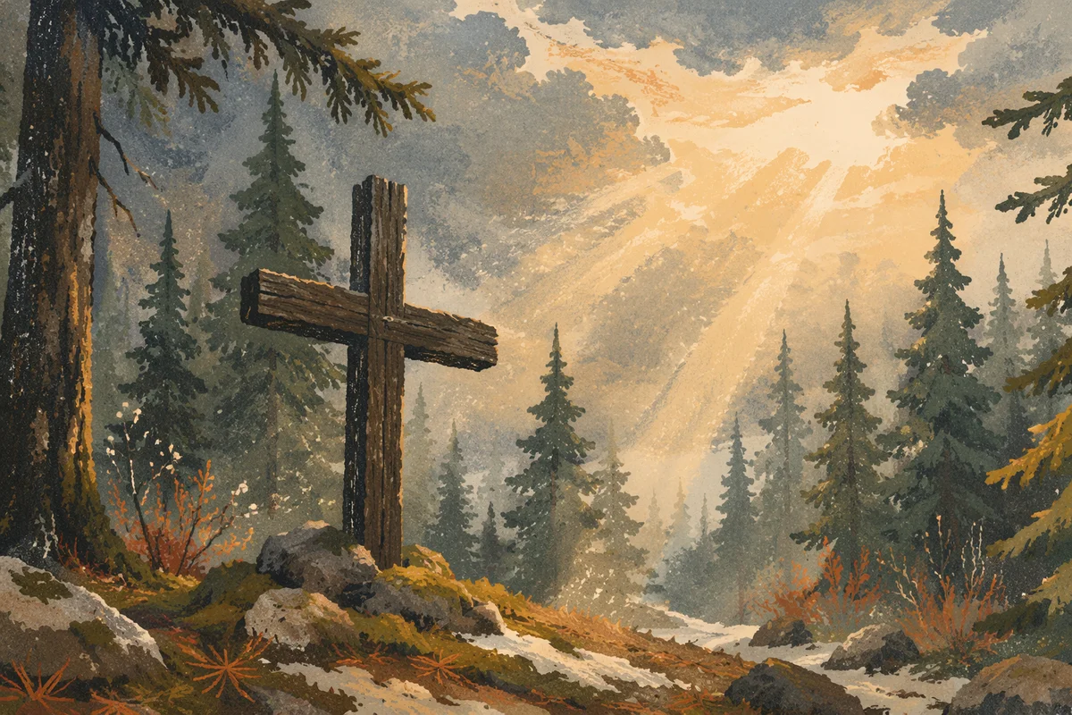 Wooden Cross in Evergreen Light Rays