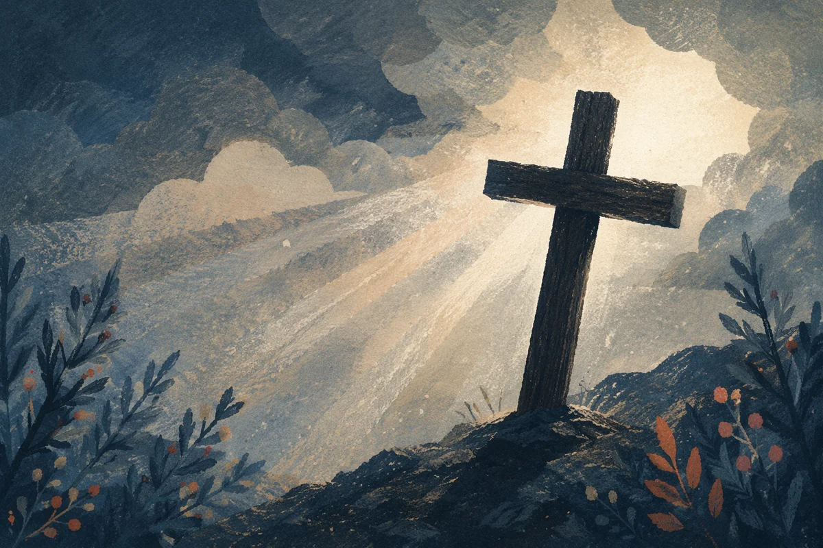 Silhouetted Cross with Evergreen Light Rays