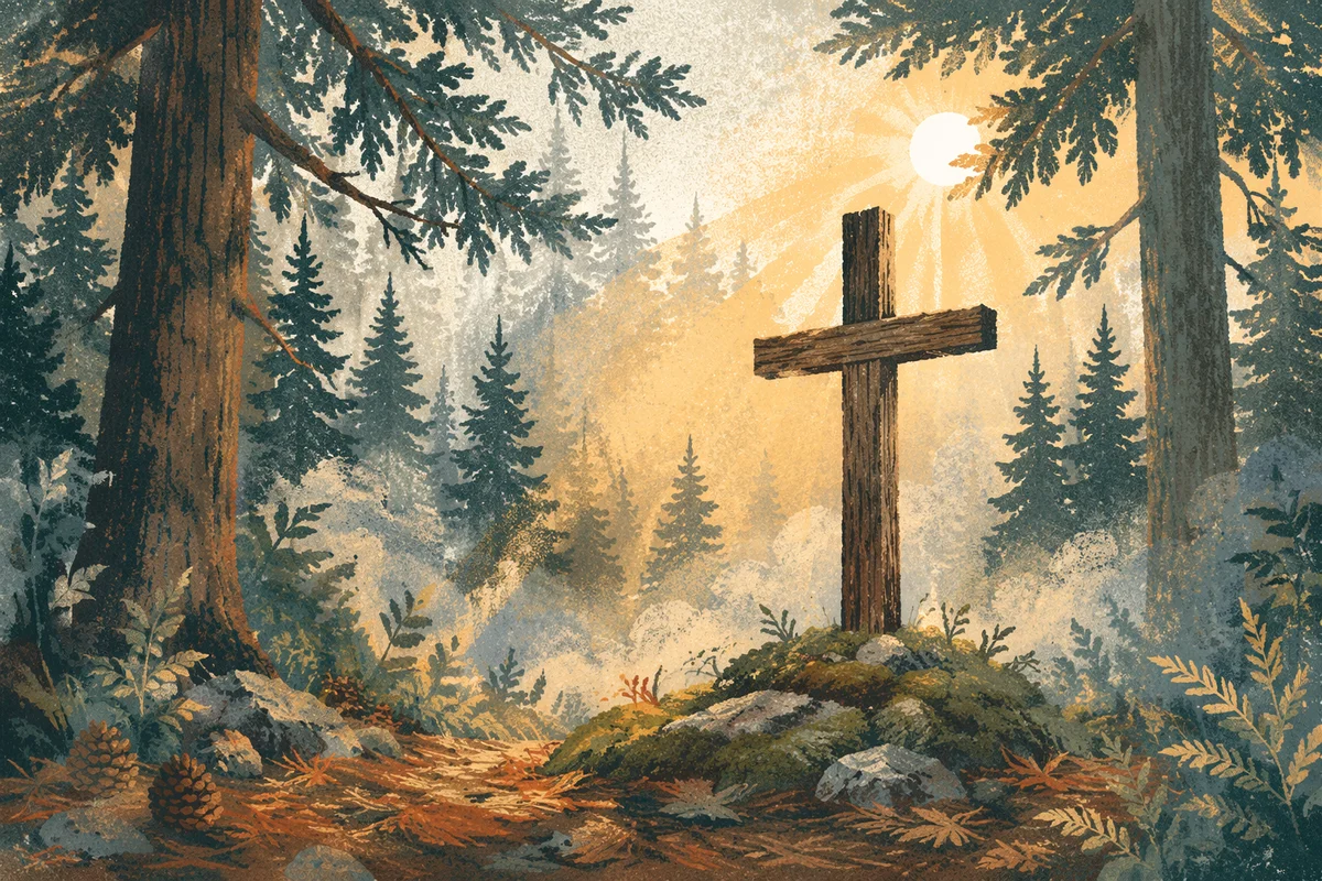 Wooden Cross in Misty Evergreen Light