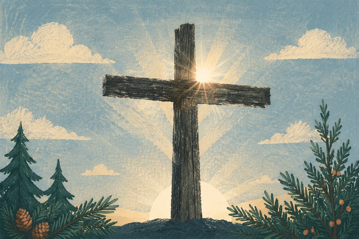 Wooden Cross with Hopeful Light Rays