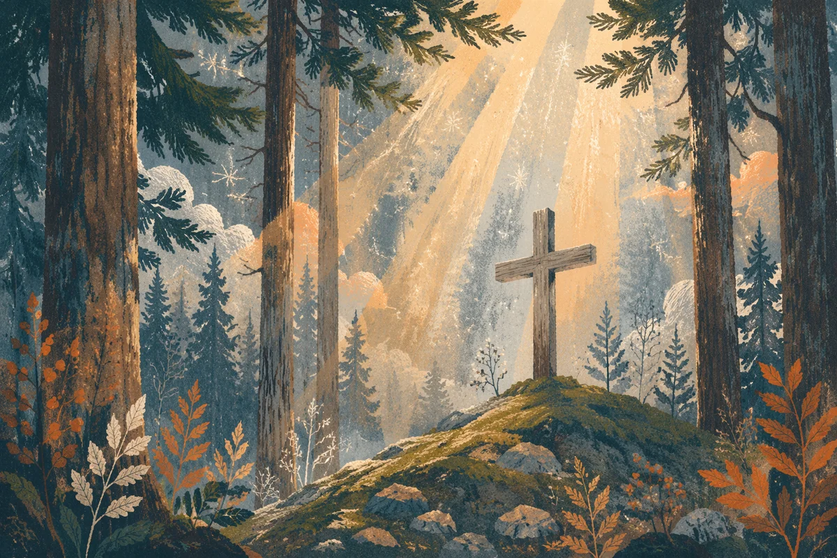 Wooden Cross in Evergreen Dawn Rays