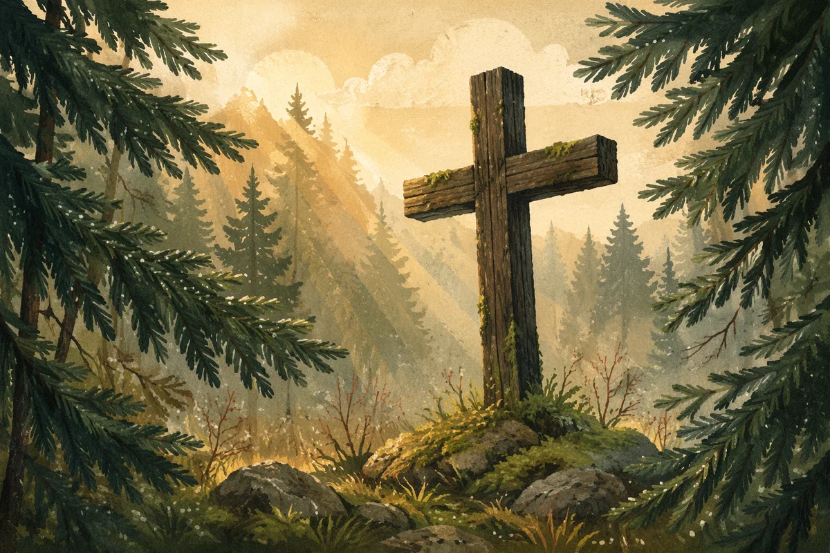 Wooden Cross in Evergreen Morning Light