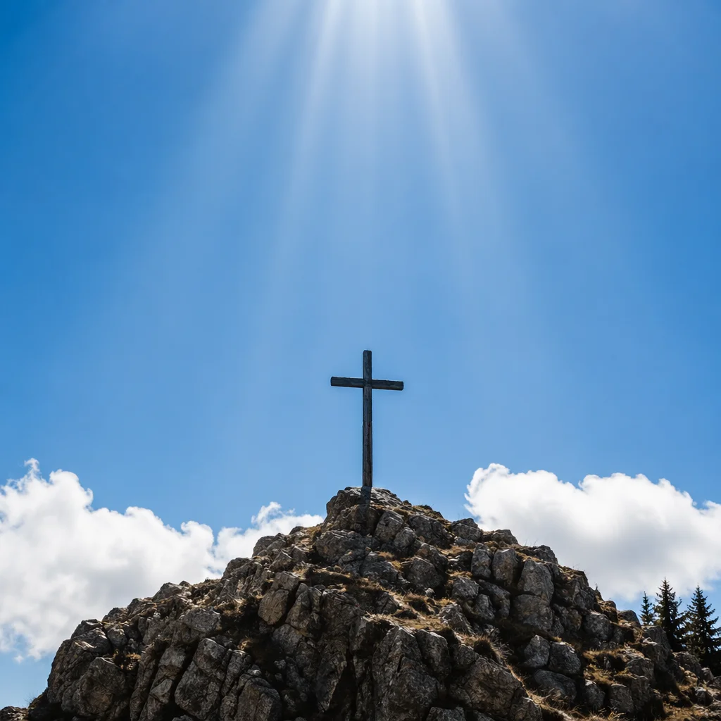Wooden Cross Beneath Hopeful Sunbeams