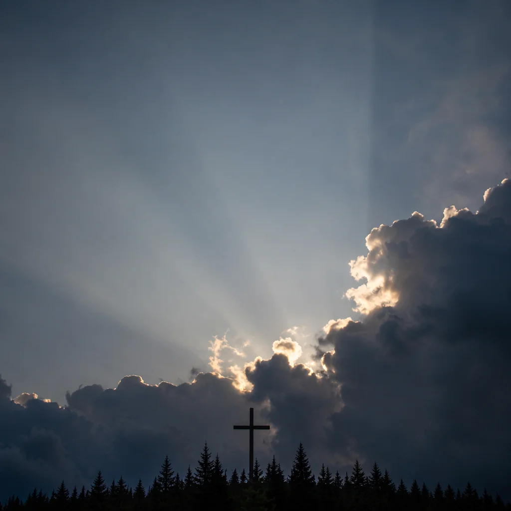 Wooden Cross Beneath Hopeful Storm Light