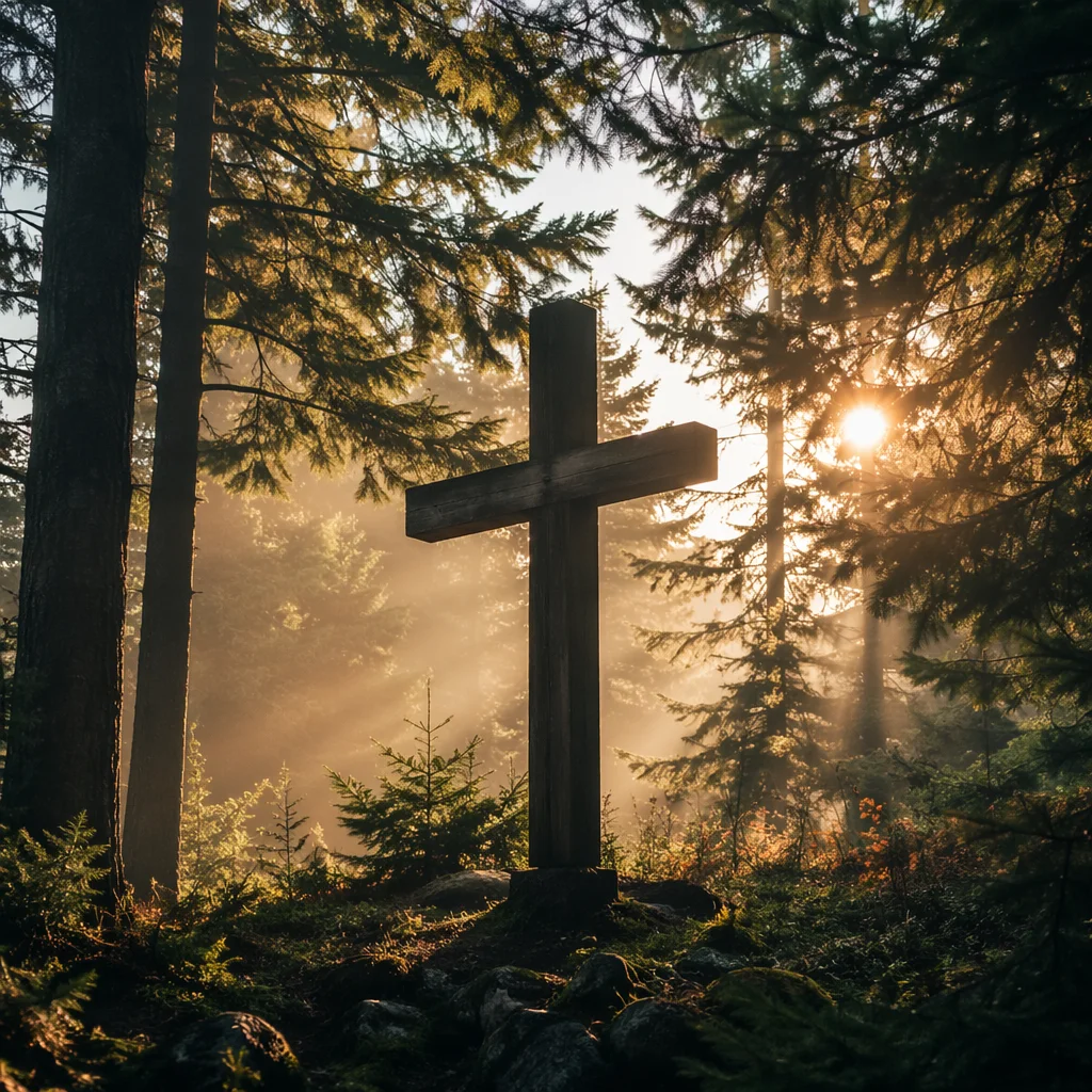 Wooden Cross in Evergreen Morning Light