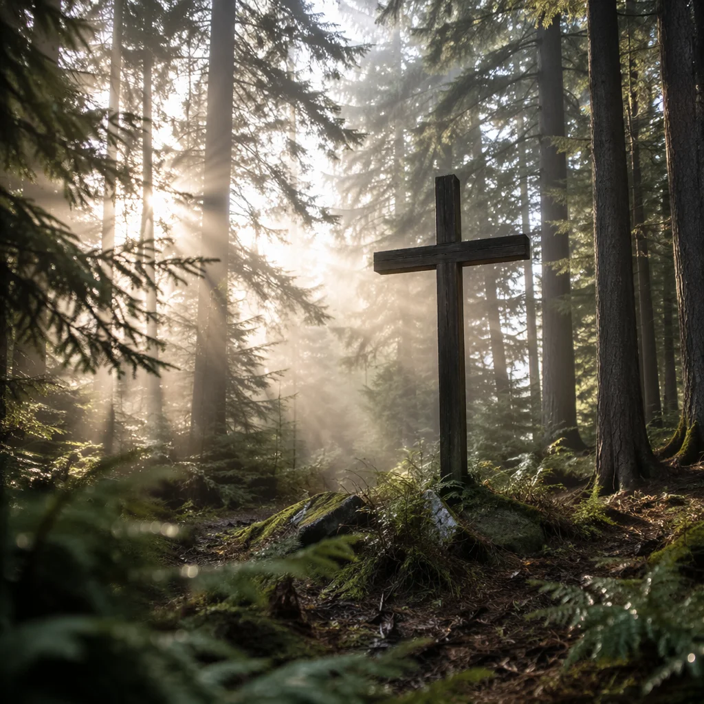 Wooden Cross in Misty Evergreen Light
