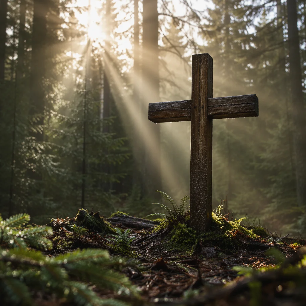 Wooden Cross in Misty Evergreen Light