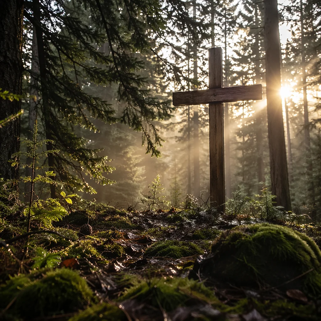Wooden Cross in Evergreen Morning Rays