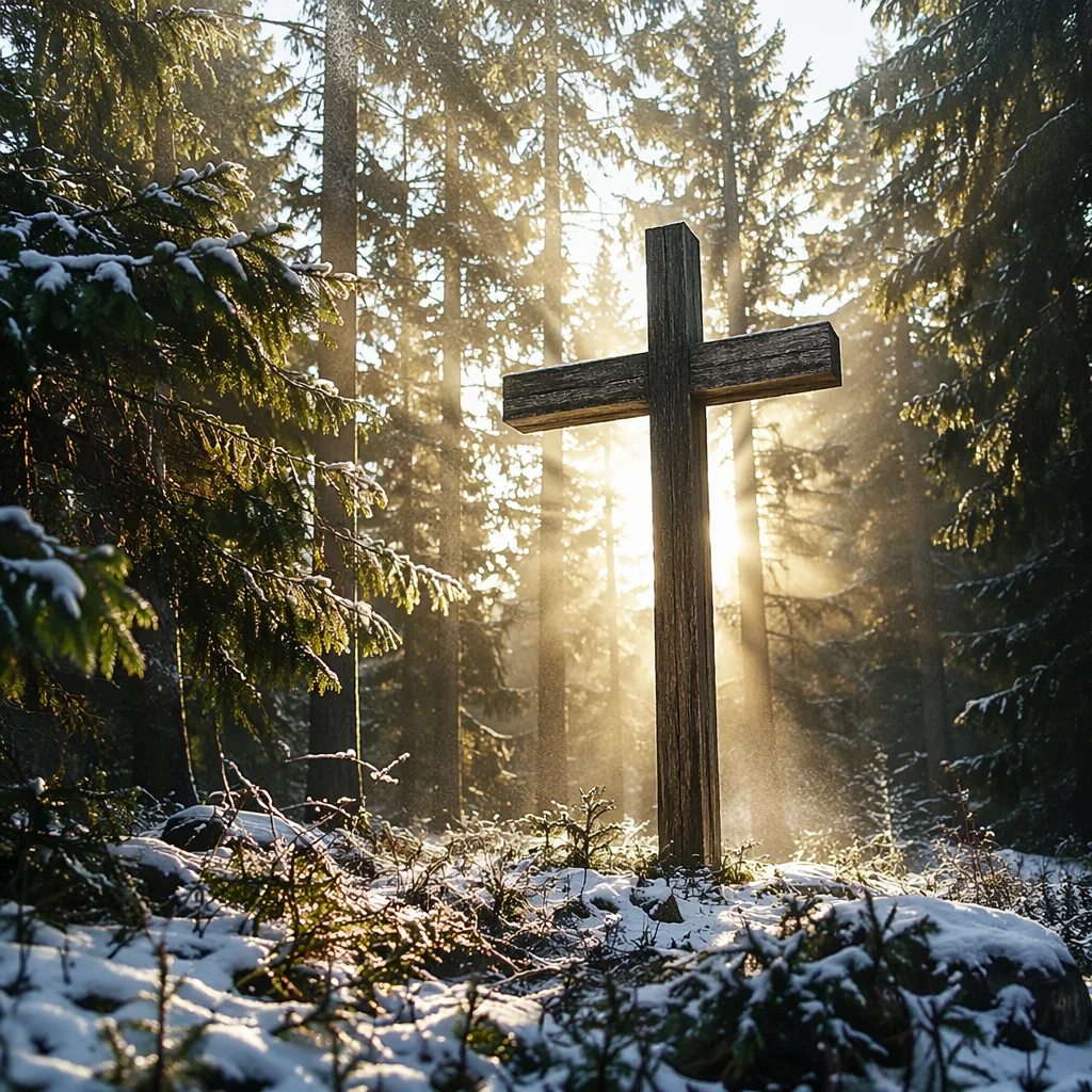 Wooden Cross in Evergreen Dawn Light