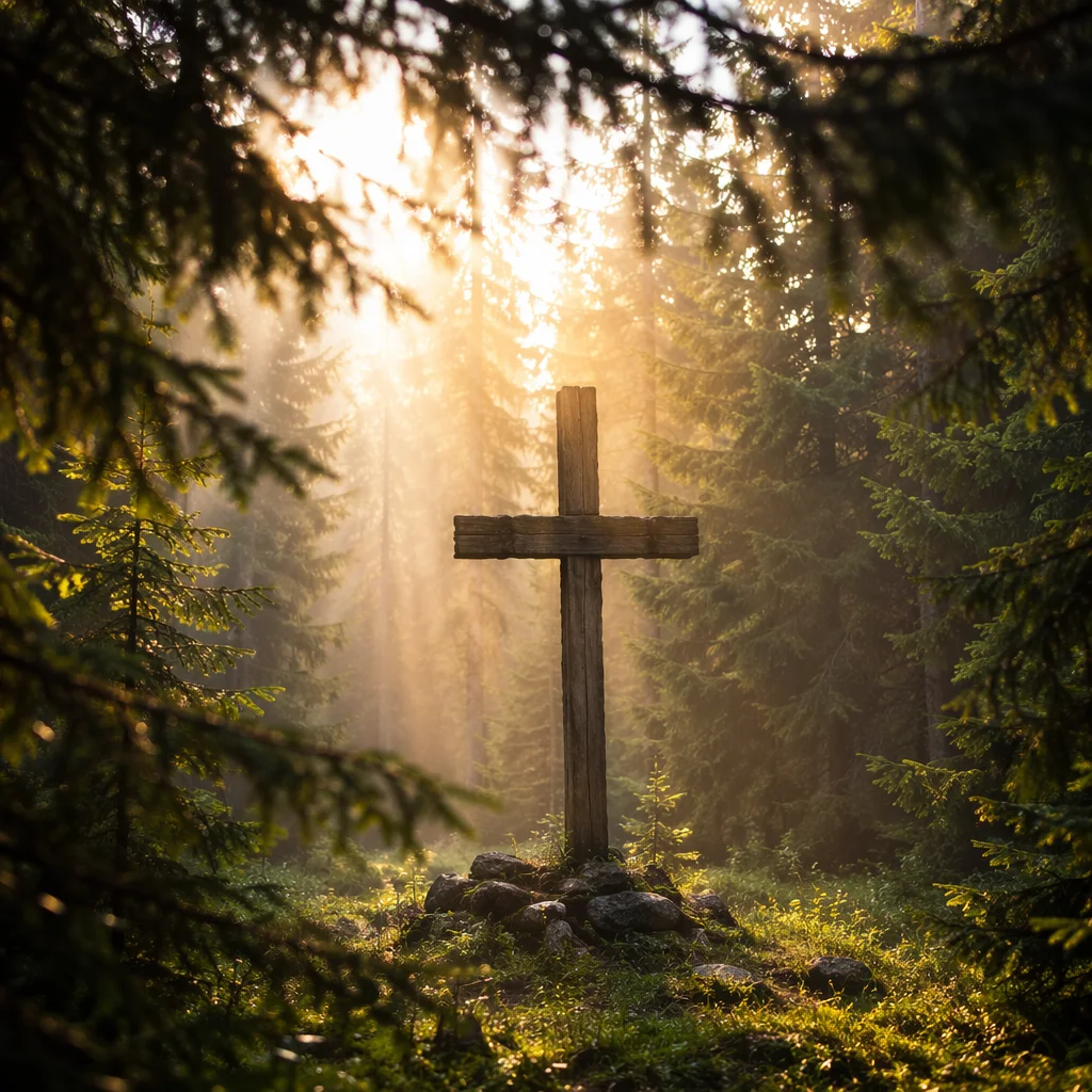 Wooden Cross in Sunlit Evergreen Forest