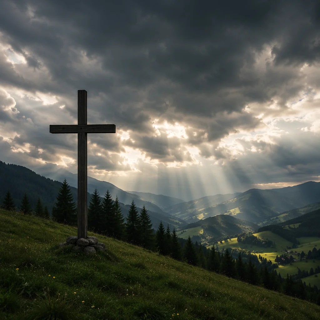 Wooden Cross Above Evergreen Valley