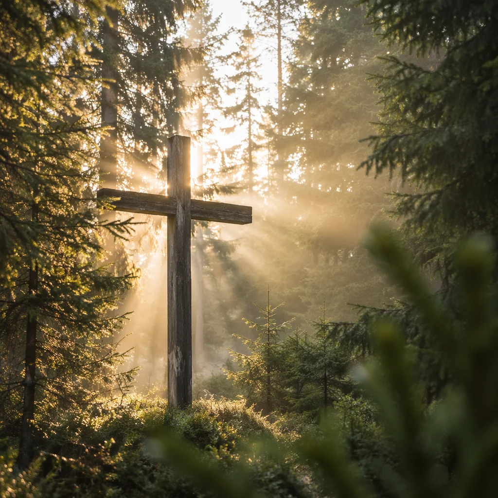 Wooden Cross in Evergreen Light Rays