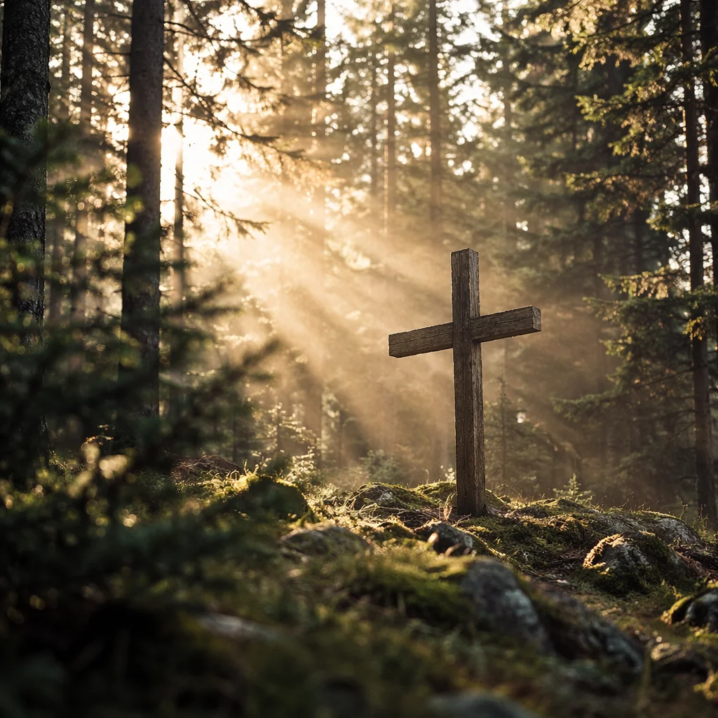 Wooden Cross in Evergreen Light Rays