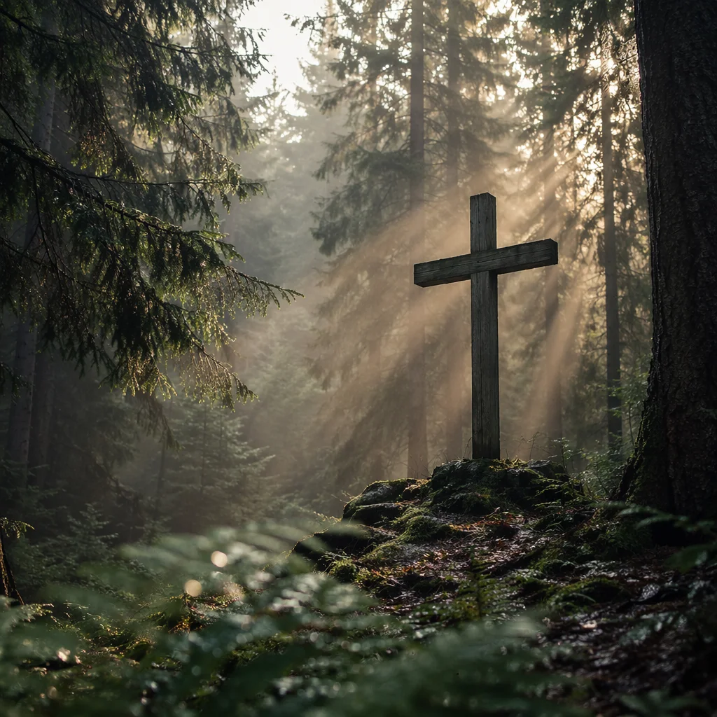 Weathered Cross in Evergreen Morning Light