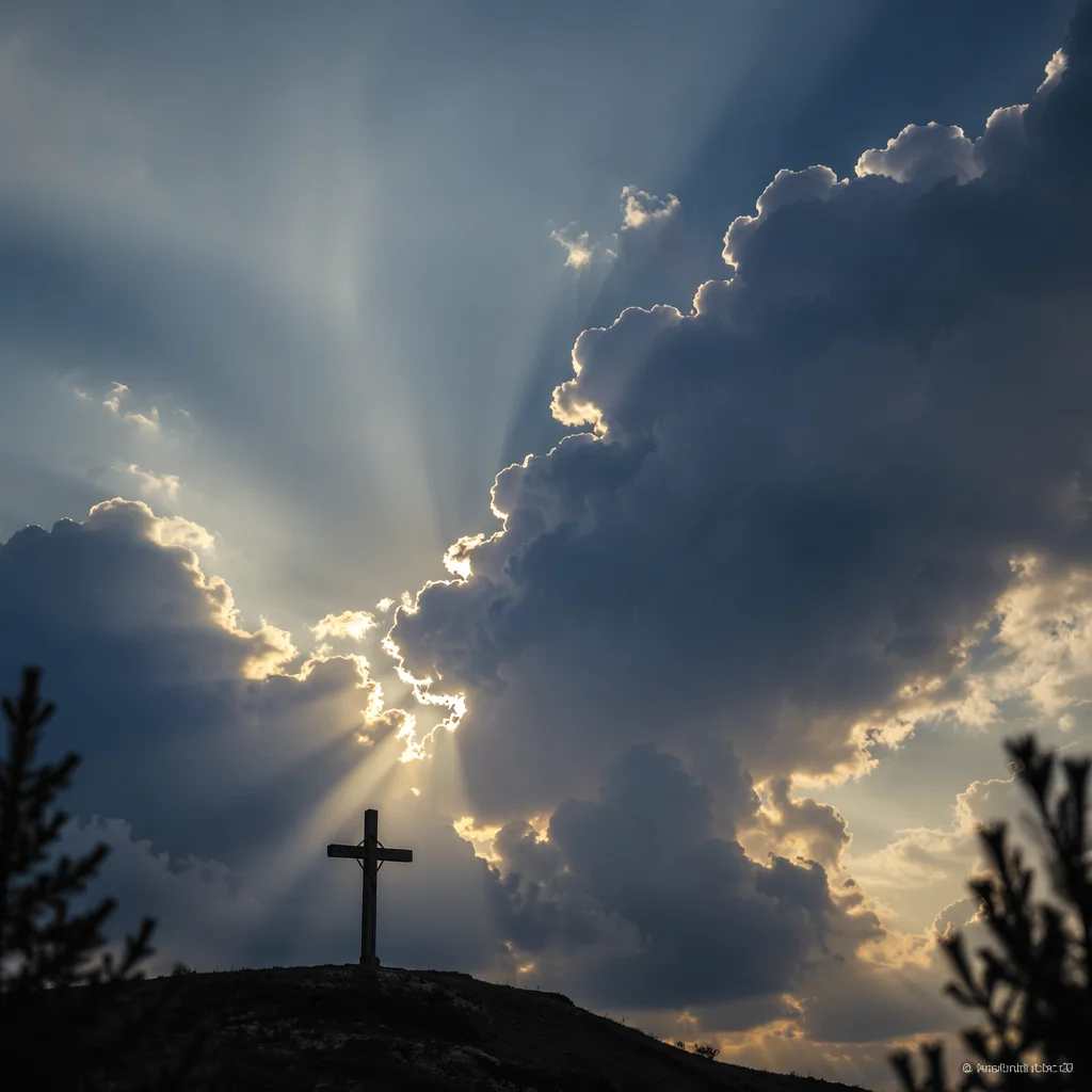 Wooden Cross with Sunbeams Through Storm Clouds