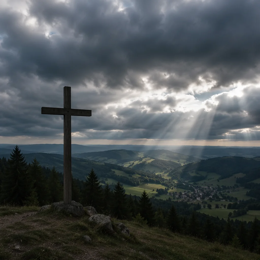 Wooden Cross Beneath Breaking Light Rays