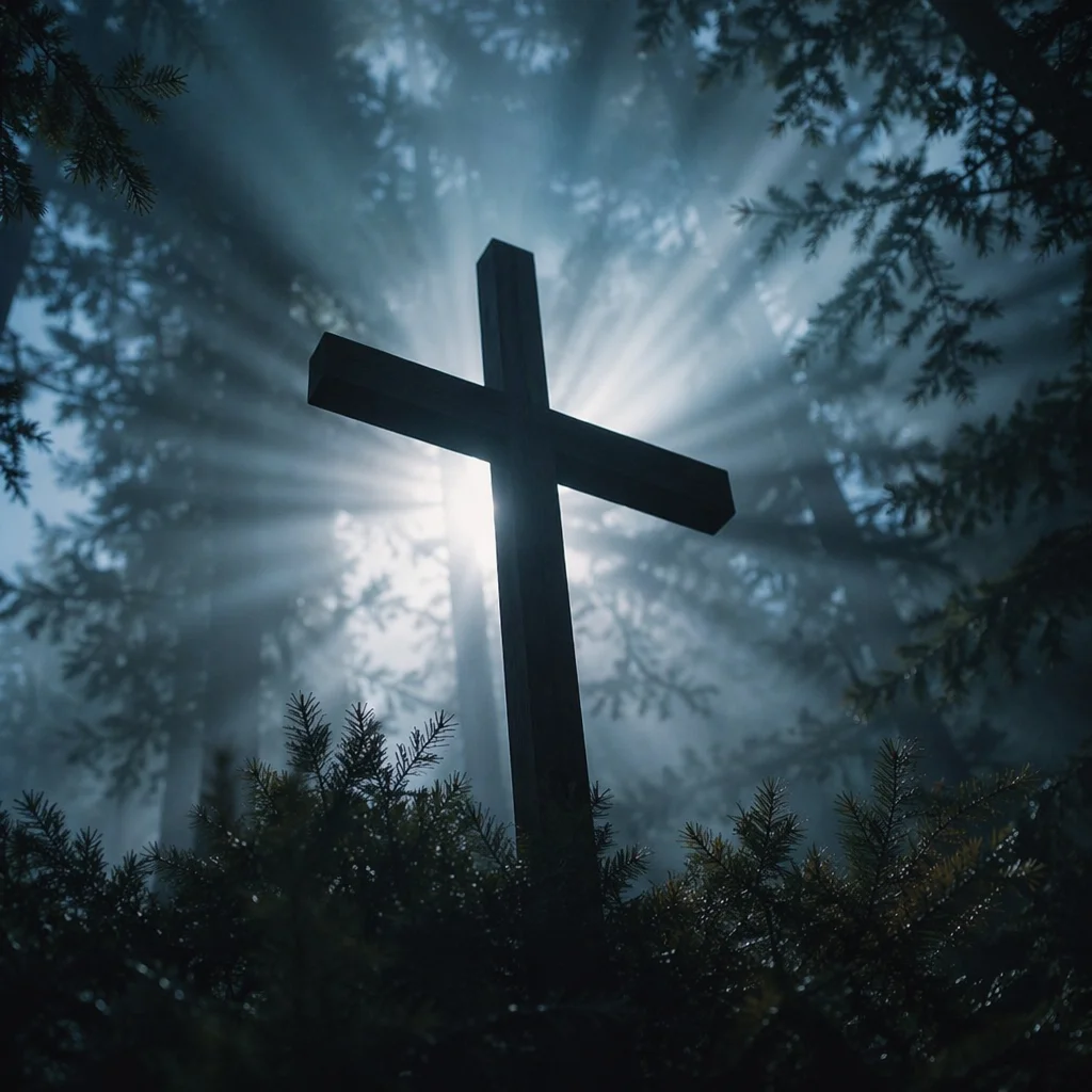 Wooden Cross in Evergreen Morning Rays