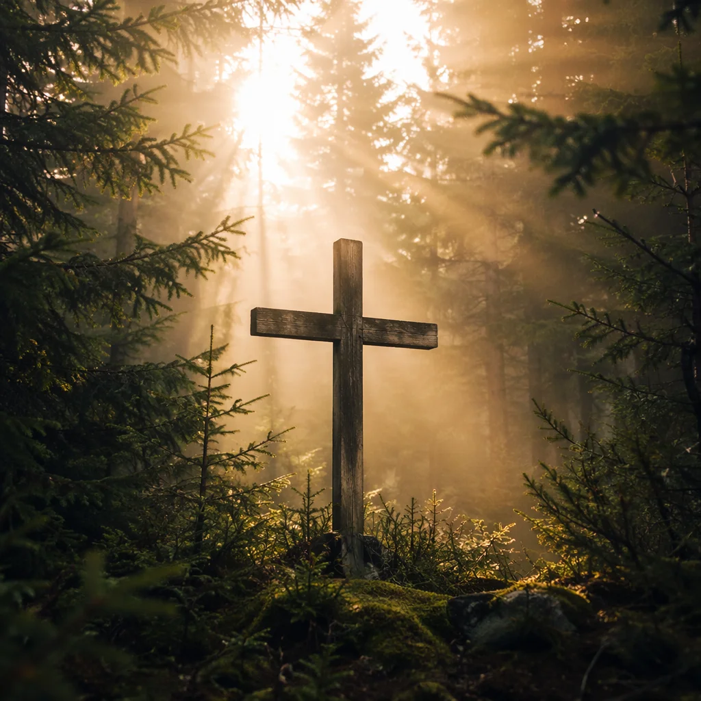 Wooden Cross in Evergreen Morning Light