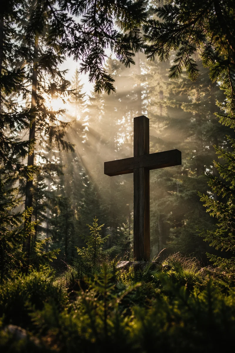 Wooden Cross in Evergreen Morning Light