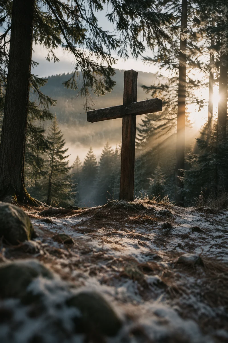 Weathered Cross in Evergreen Morning Rays