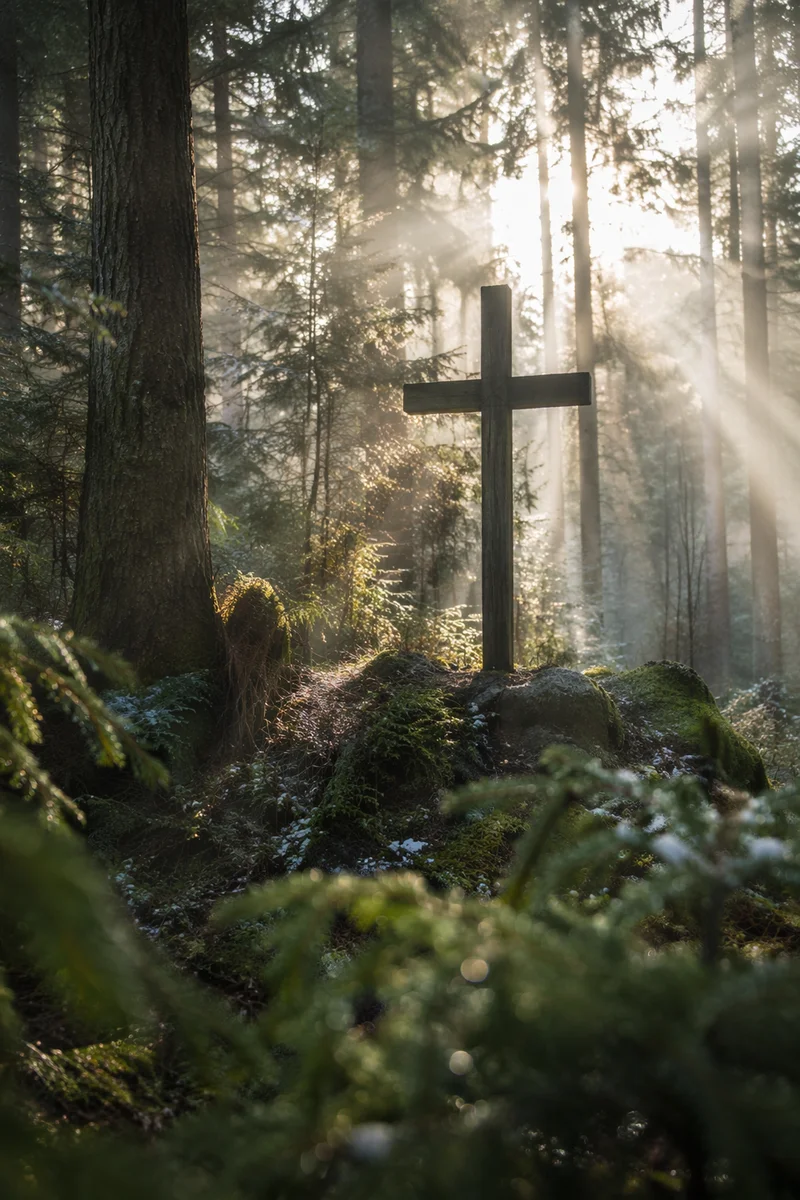 Wooden Cross in Misty Evergreen Light