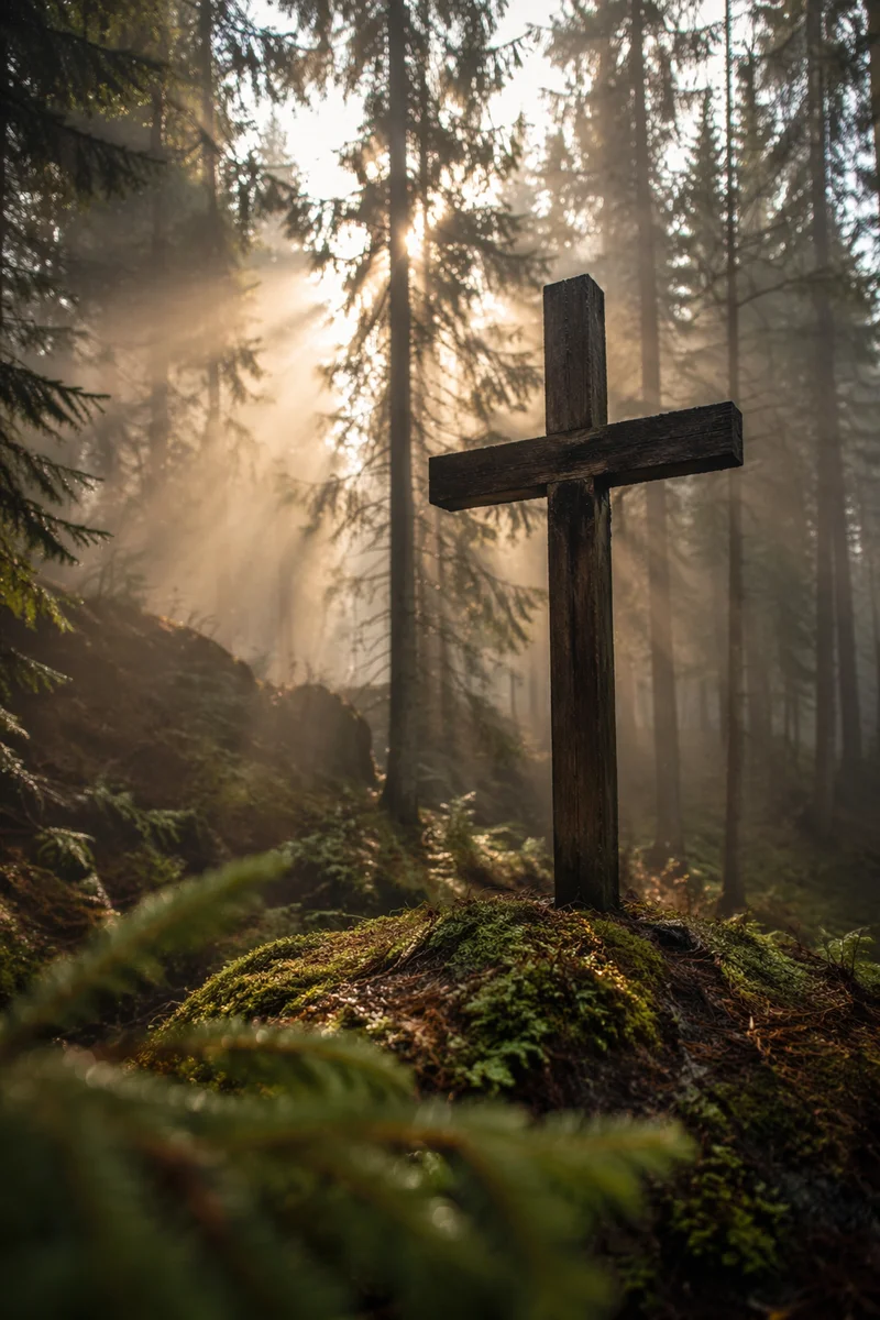 Wooden Cross in Misty Evergreen Light