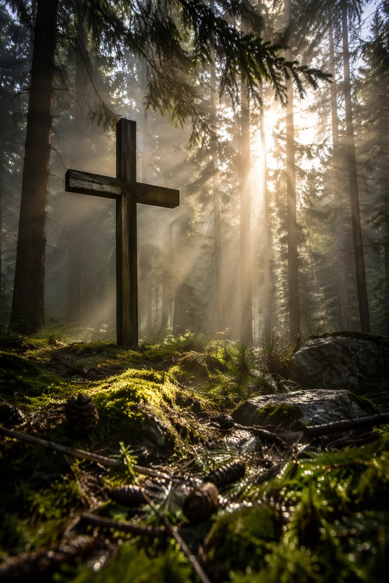 Wooden Cross in Evergreen Morning Rays