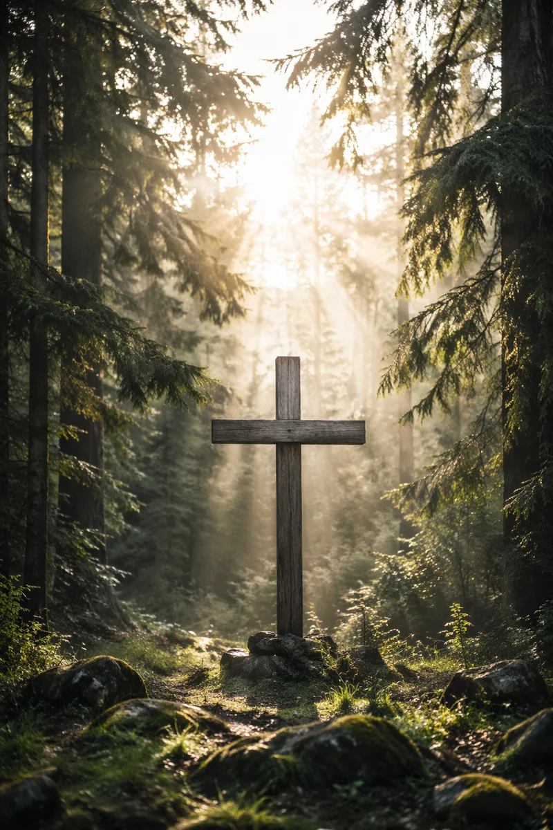 Wooden Cross in Evergreen Morning Light