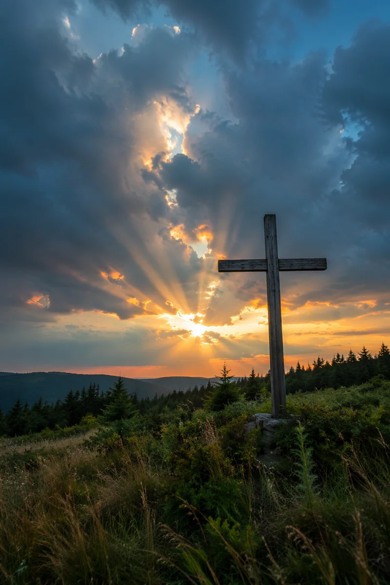 Wooden Cross Under Golden Sunset Rays