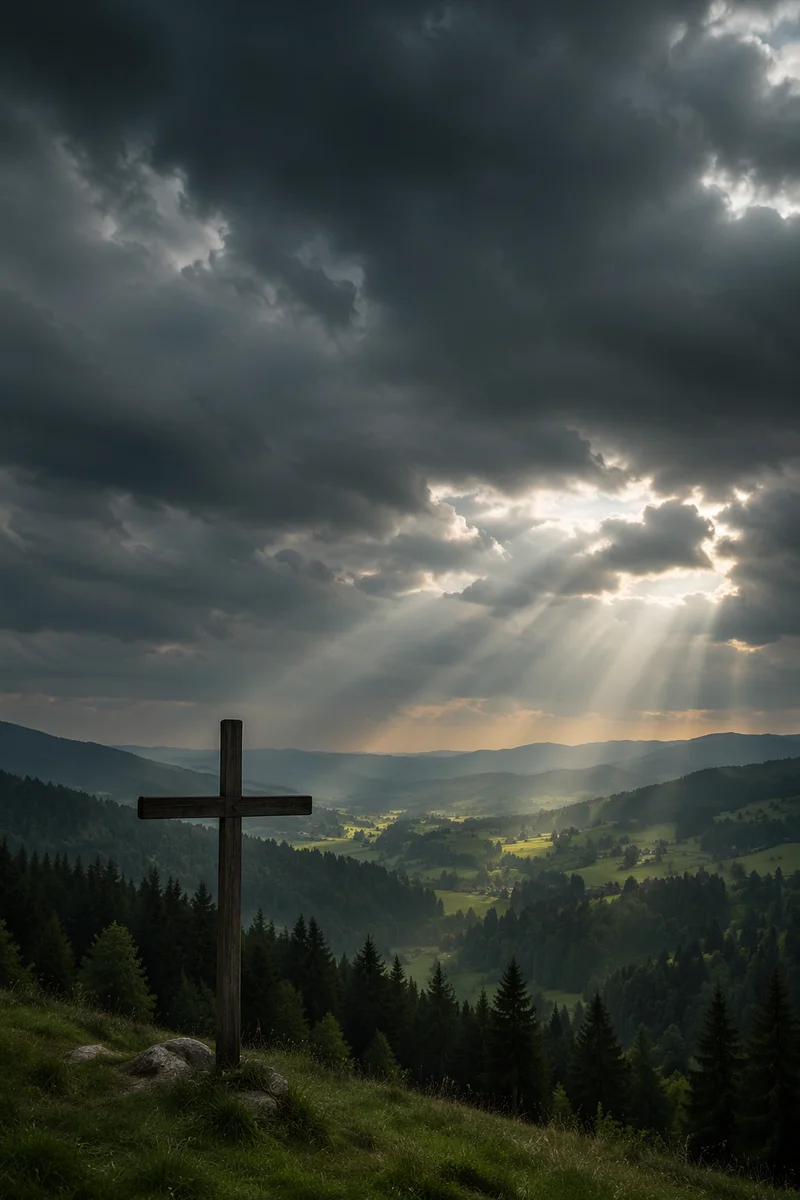 Wooden Cross Beneath Stormy Light Rays