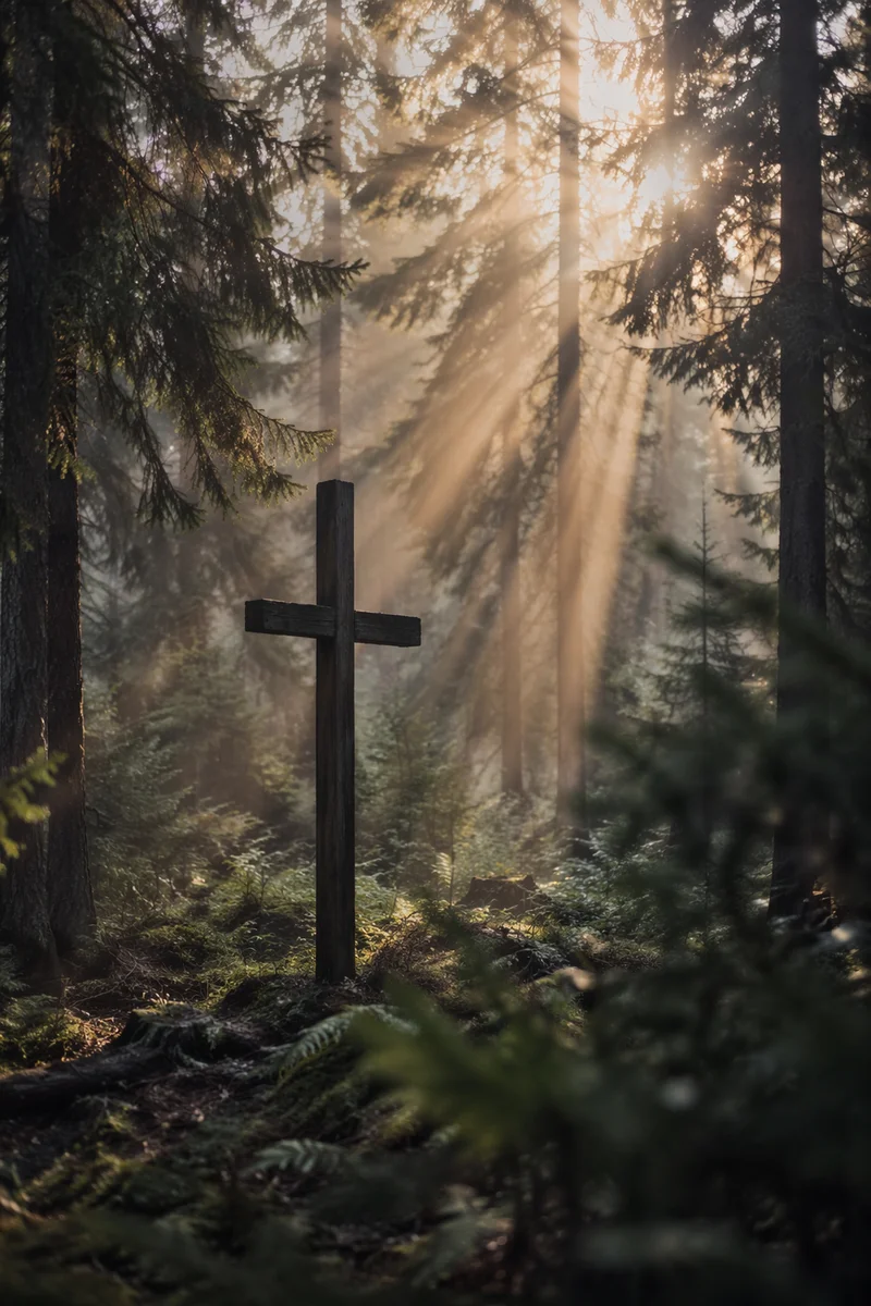 Wooden Cross with Sun Rays in Forest
