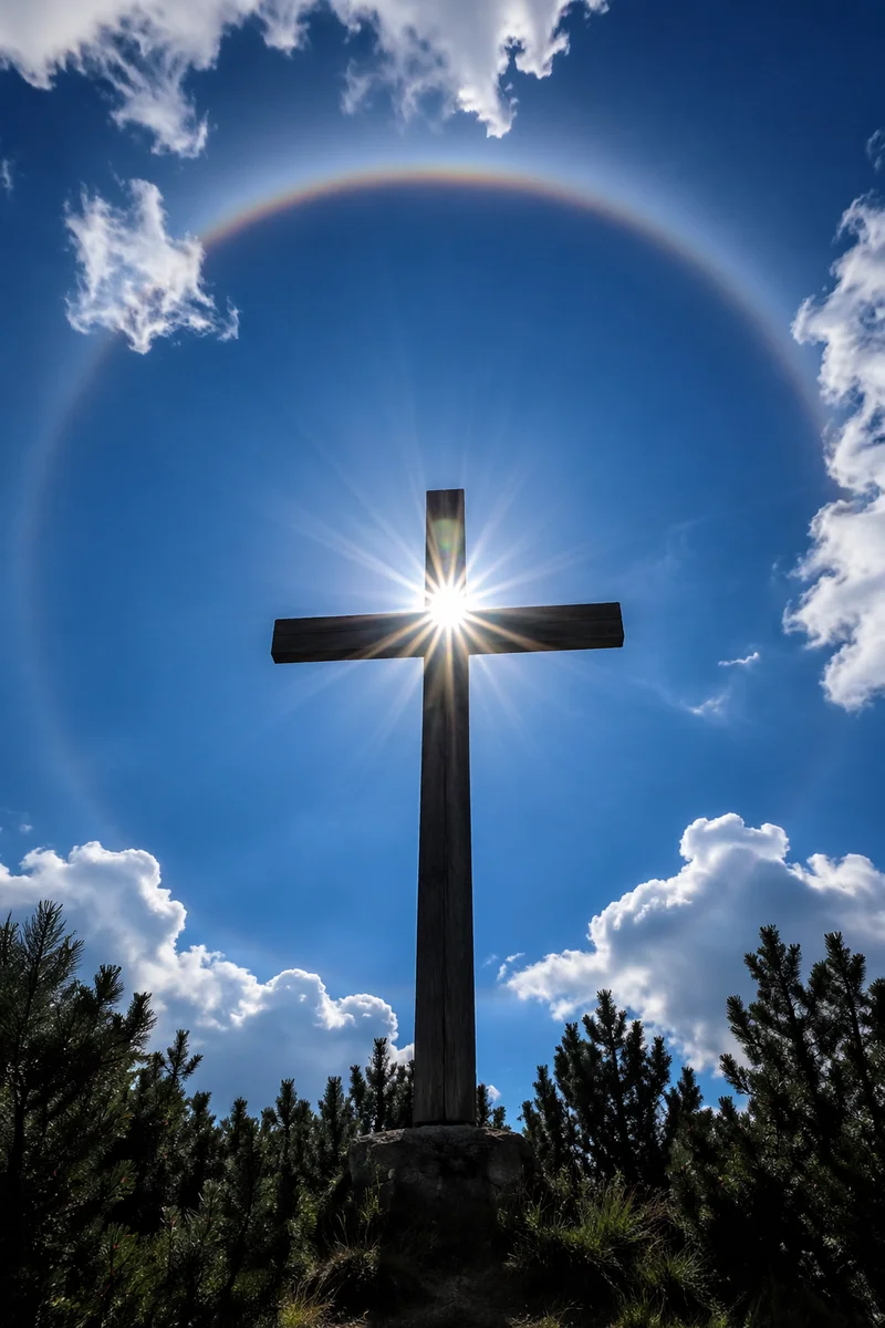 Wooden Cross with Sunburst in Blue Sky