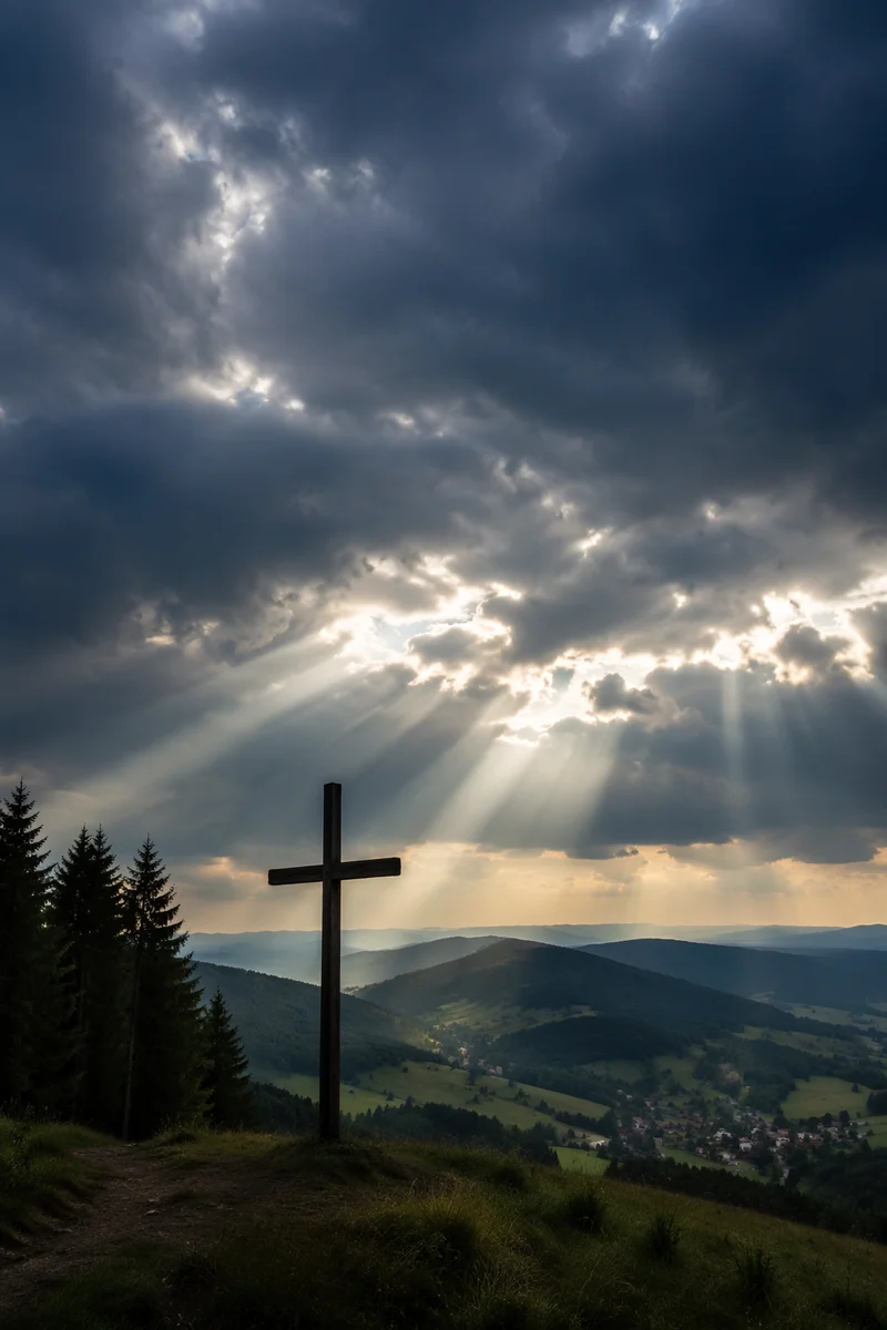 Wooden Cross Under Breaking Storm Light