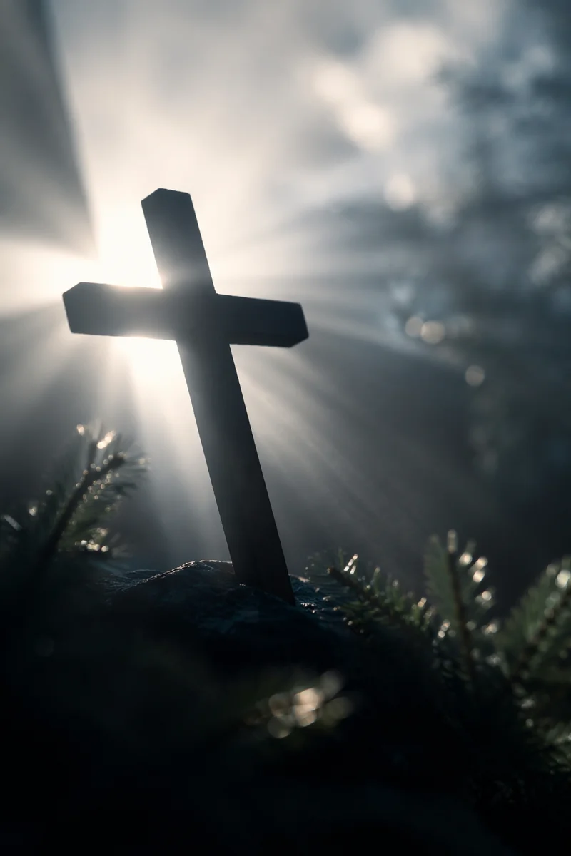 Wooden Cross with Radiant Light Rays